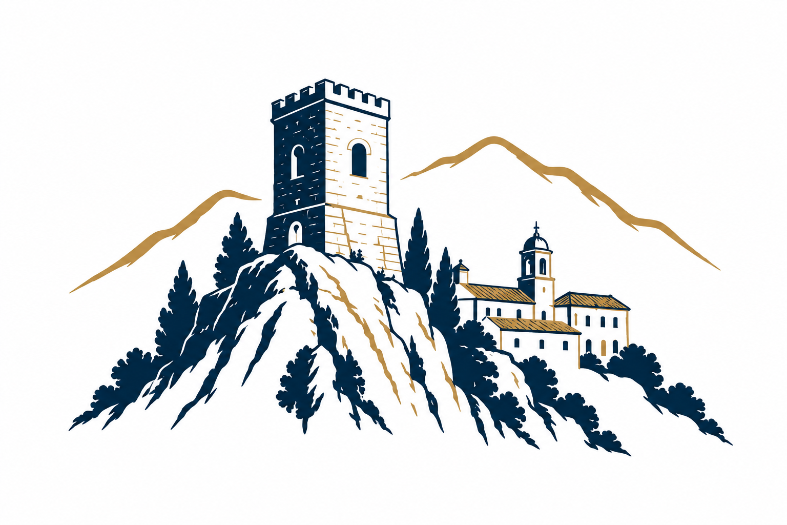 Ilustración del castillo y el paisaje de Cazorla en azul marino y dorado